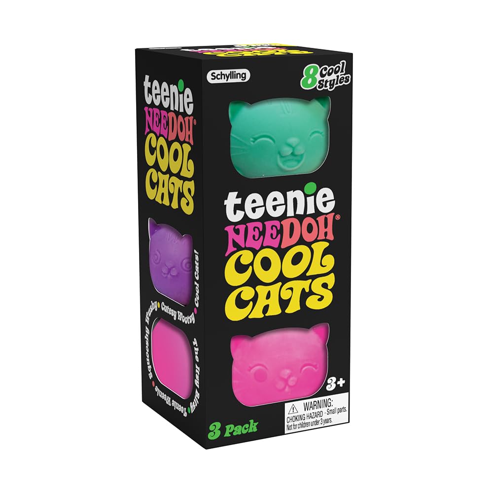 NeeDoh Teenie Cool Cat - Sensory Squeeze Toy - Contains 3 Mini Groovy Globs - 1.5" Wide - Color May Vary (Pack of 1)